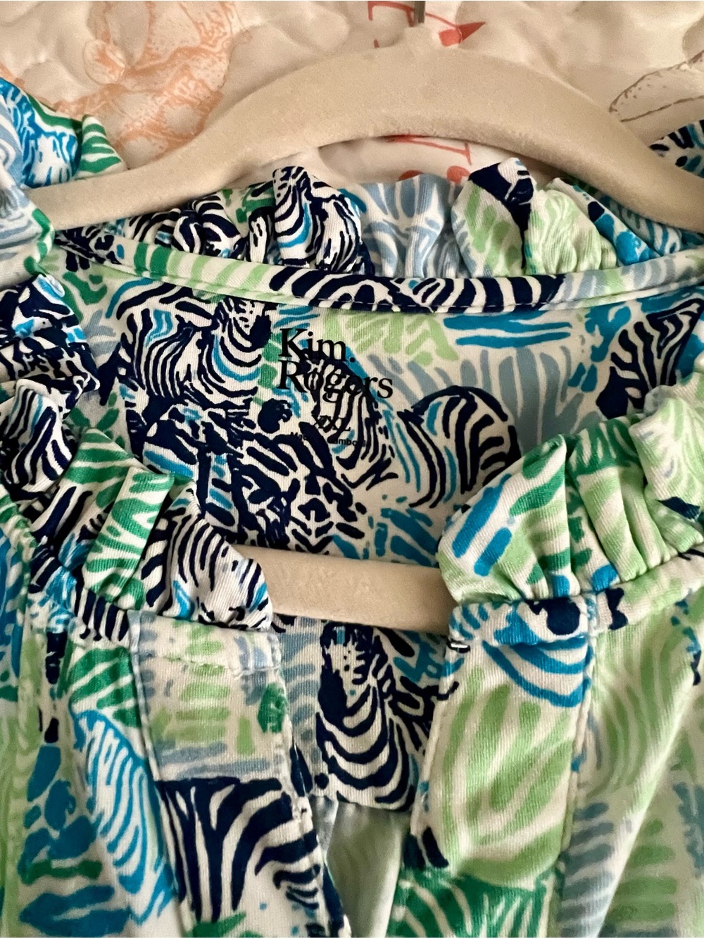 Kim Rogers Blue Green Navy Abstract Ruffle-Neck Top